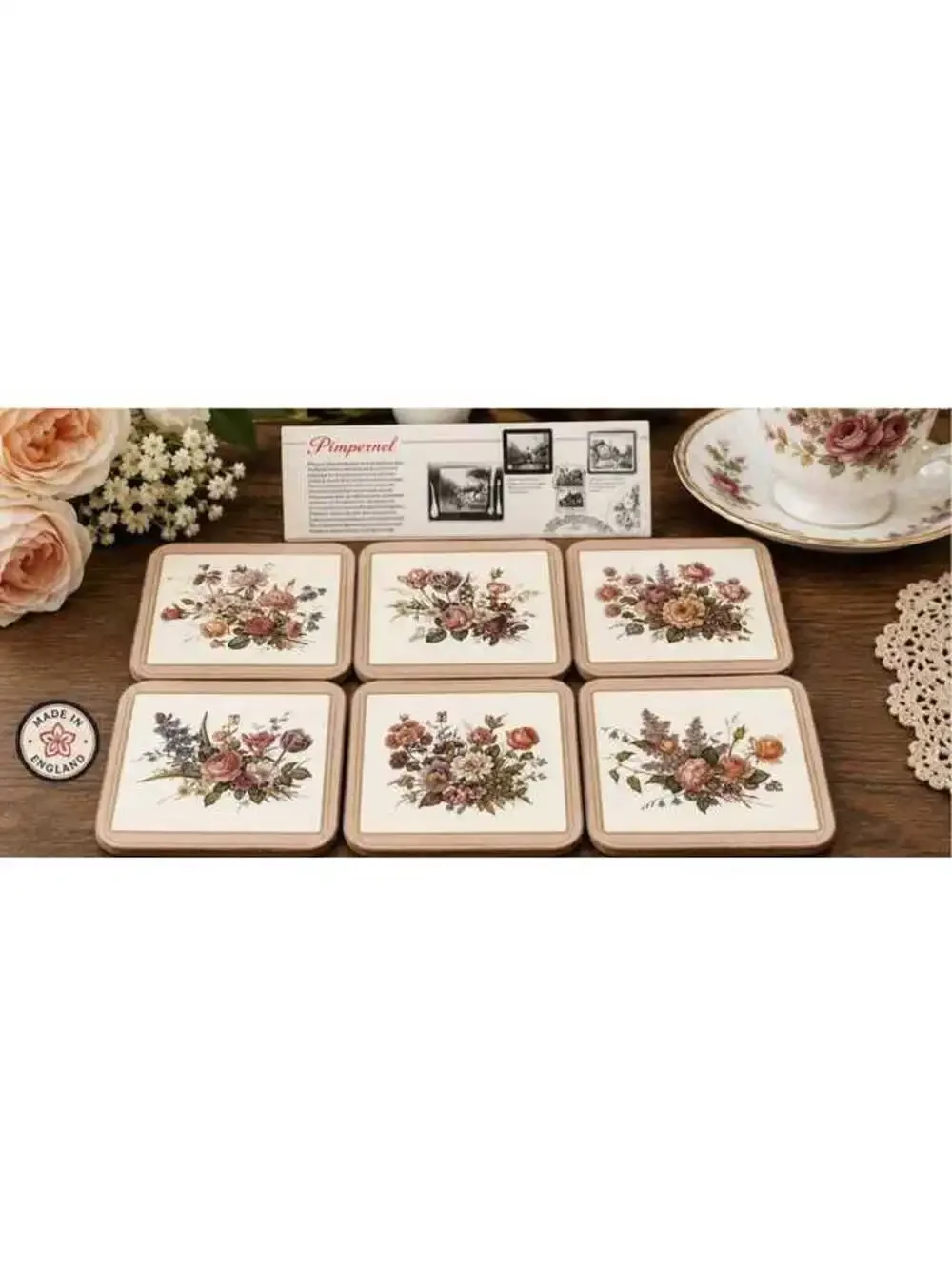Vintage Pimpernel Floral Cork Back Coasters – Set of 6 – Made in England